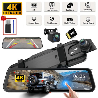 Touch Screen Mirror Dash Cam Front and Rear, 4K