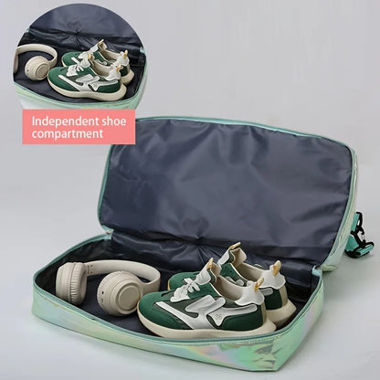 Travel shoe organizer with green and white sneakers and headphones inside, on a light gray background.
