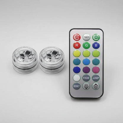Two underwater light bulbs with a remote control on a white background