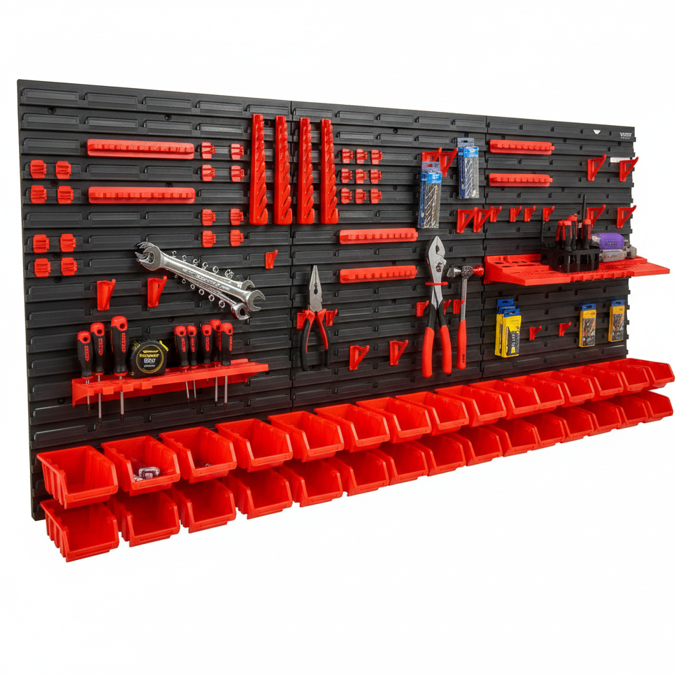 Wall-mounted storage system with red and black shelves on a white background