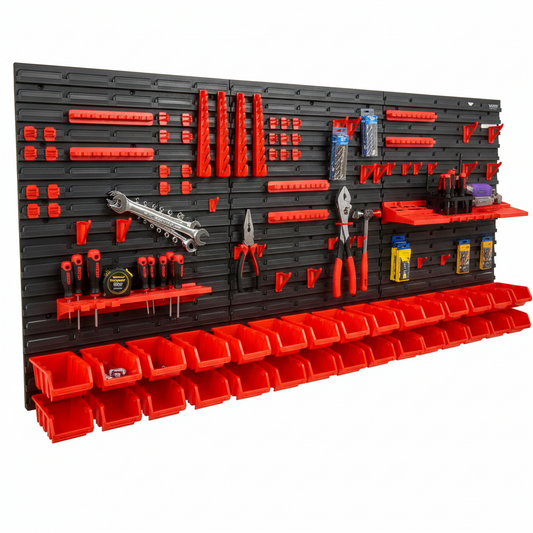 Wall-mounted storage system with red and black shelves on a white background