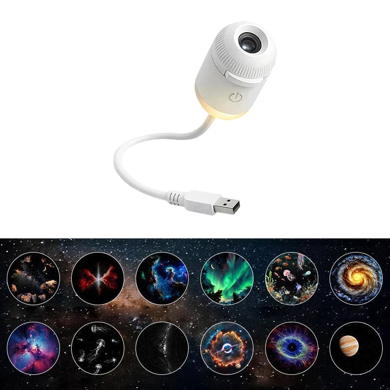 White USB light projector with colorful galaxy images on a black background