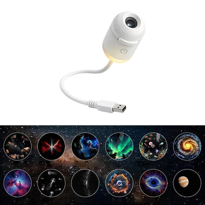 White USB light projector with colorful galaxy images on a black background