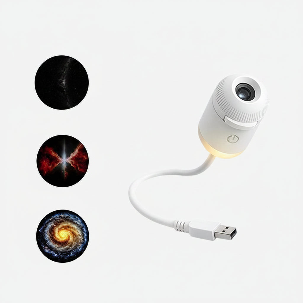 White USB light projector with galaxy images on a white background