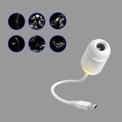 White USB light with cable and six circular images of space scenes on a white background
