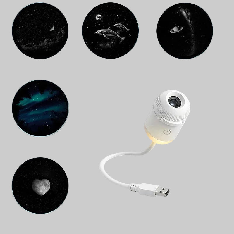White USB light with six circular panels displaying celestial images on a white background