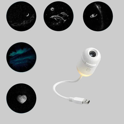 White USB light with six circular panels displaying celestial images on a white background