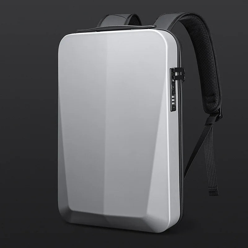 White backpack with black straps on a dark background