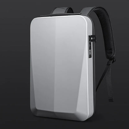 White backpack with black straps on a dark background