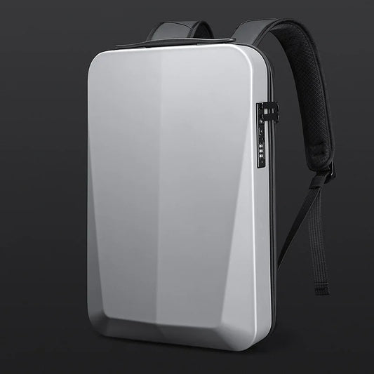 White backpack with black straps on a dark background