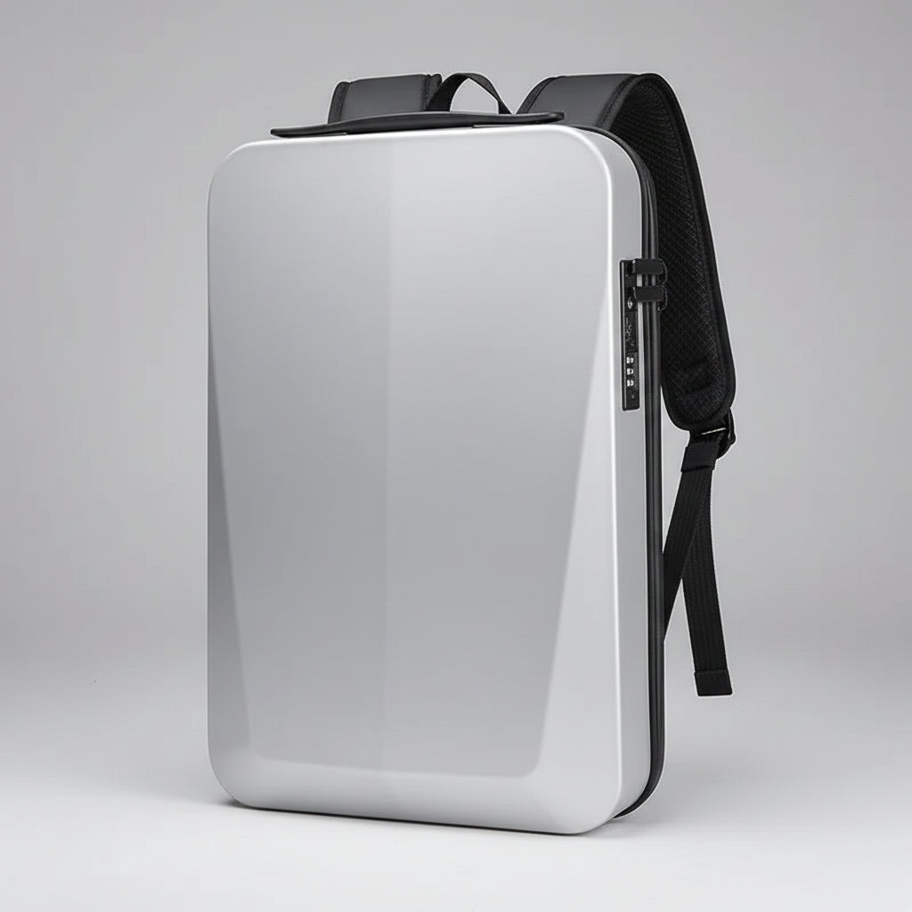 White backpack with black straps on a dark background