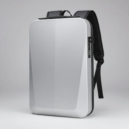 White backpack with black straps on a dark background