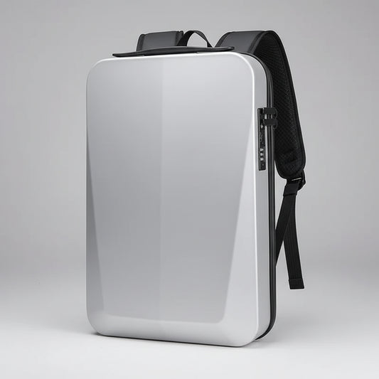 White backpack with black straps on a dark background