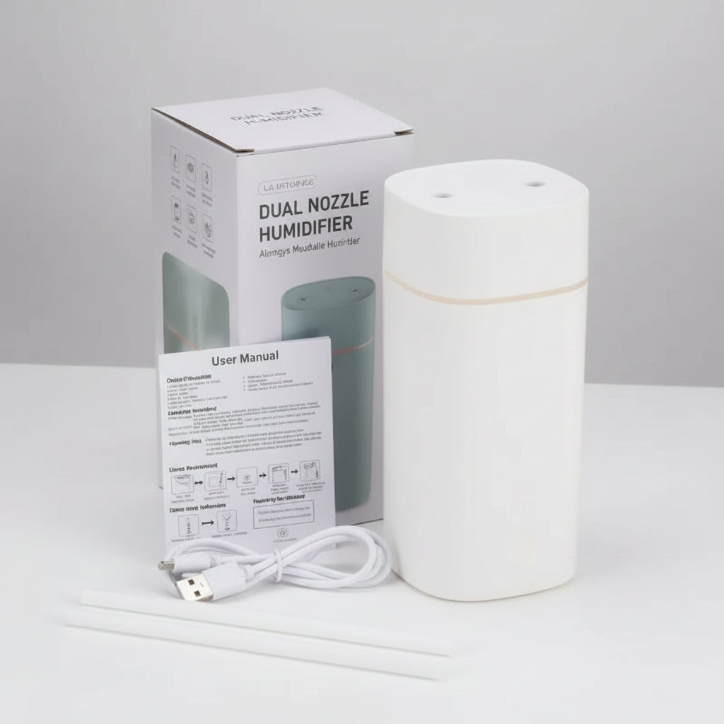 White dual nozzle humidifier with packaging and USB cable on a white background