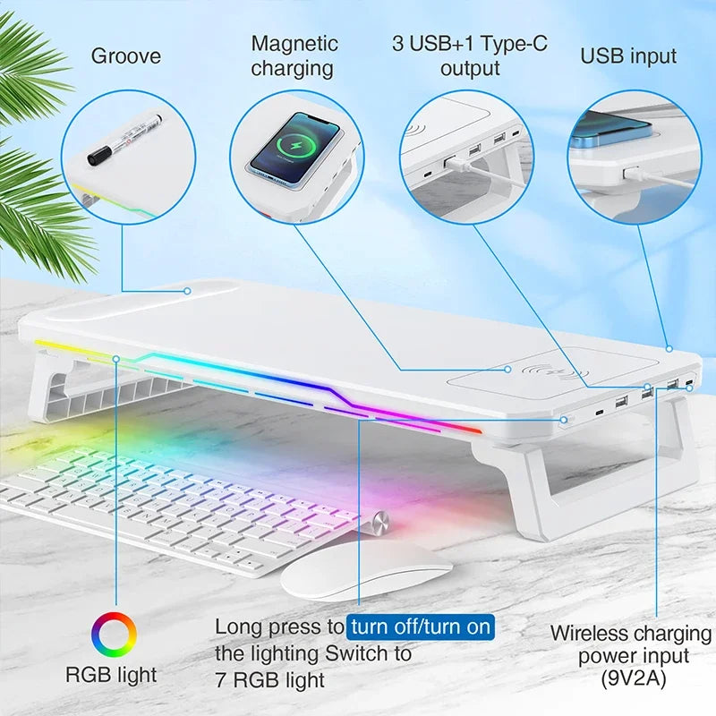 White electronic device with RGB lighting and various connectivity features on a light blue background.