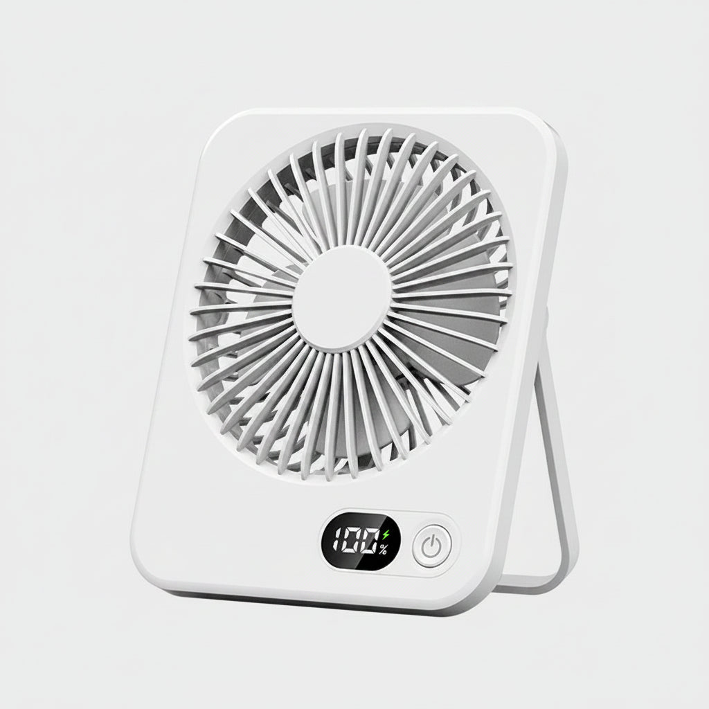 White portable fan with digital display on a white background