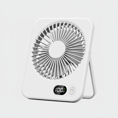 White portable fan with digital display on a white background