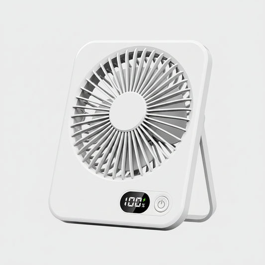 White portable fan with digital display on a white background