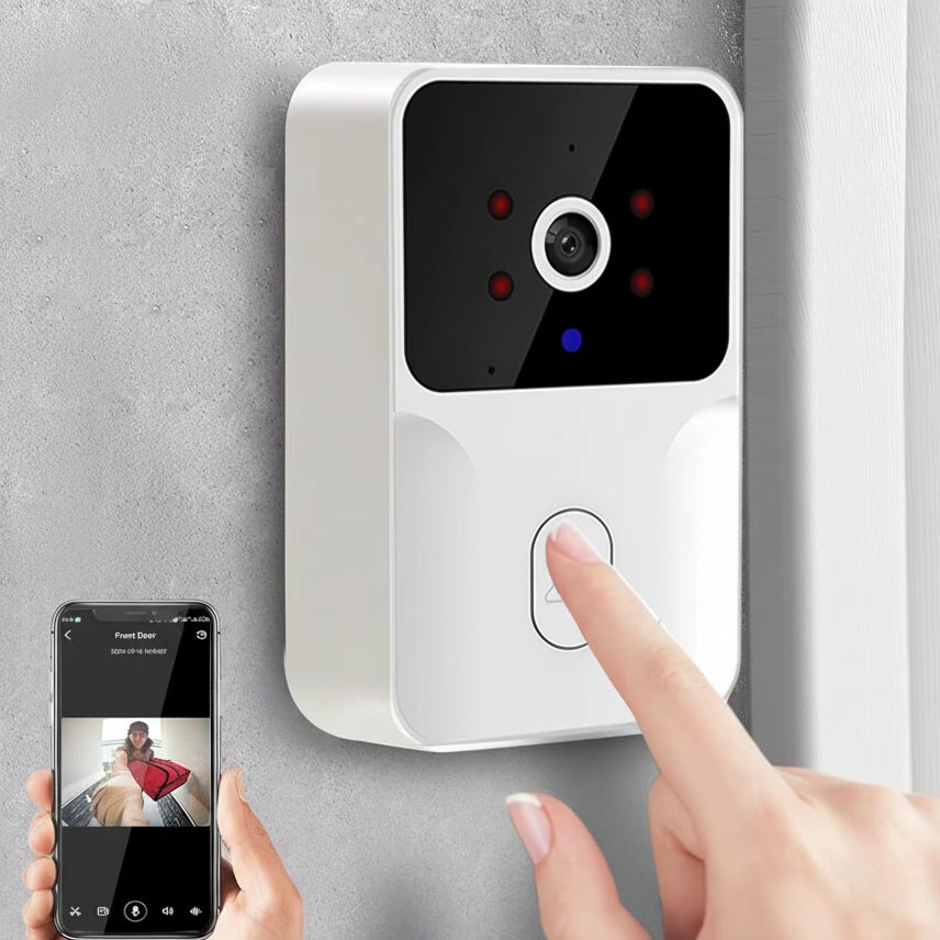 Wireless smart video doorbell camera installed at a home entrance for everyday monitoring