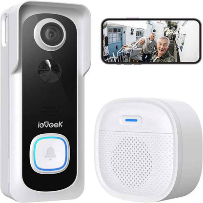 Wireless video doorbell camera with chime mounted near a front door, showing a compact weather-resistant design for home monitoring.