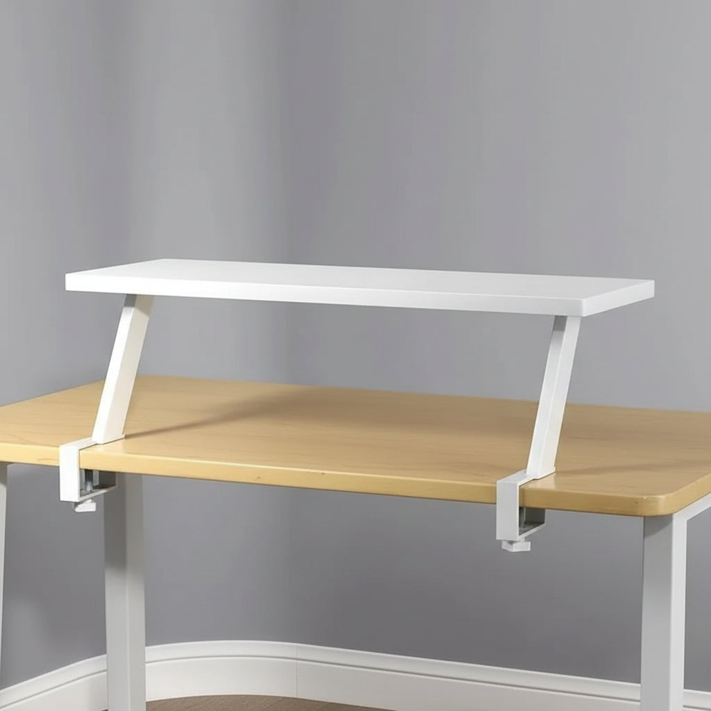 Wooden desk with a white adjustable top on a gray background