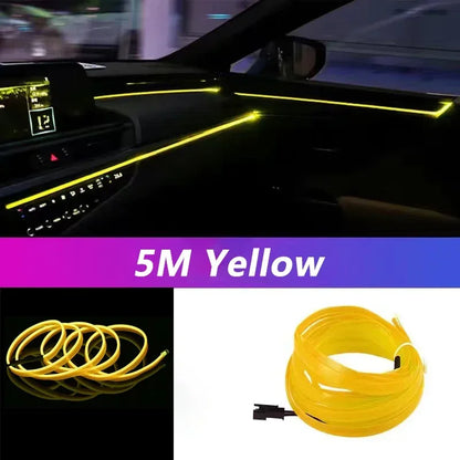 Yellow LED strip light inside a car with packaging showing 5M length.