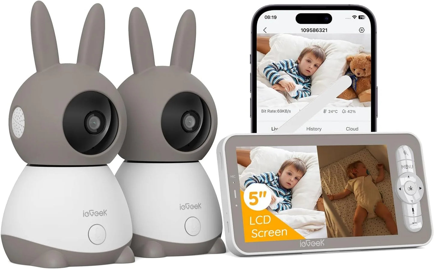 ieGeek 5 Inch Baby Monitor with 2 Cameras 2K/3MP, PTZ 355°